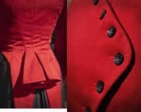left close up of jacket detail, right close up of button detail on red jacket