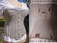 Left close up of bodice and white undershirt, right close up of bodice detail
