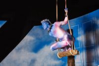 Actor with painted blue face wearing leotard and leggings crouched on a wooden swing
