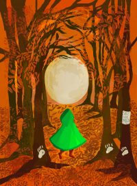 Illustration showing back view of a little girl in forest green cape walking in autumn woods with large full moon above.